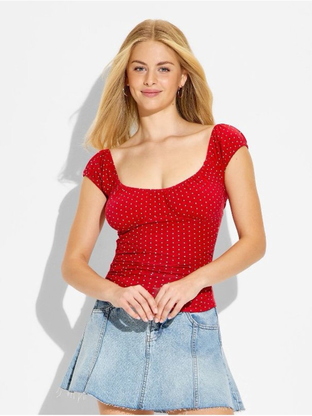 Wild Fable Red & White Polka Dot Cap Sleeve Scoop Neck Emma Top